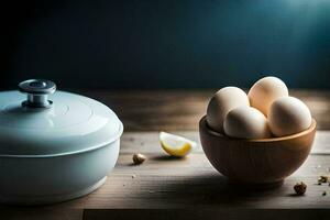 a bowl of eggs and a pot on a table. AI-Generated photo