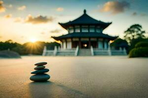 un apilar de piedras en frente de un pagoda. generado por ai foto