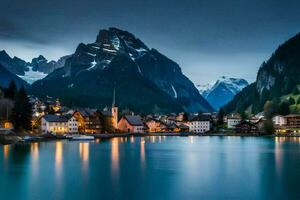 a lake and mountains in the background at dusk. AI-Generated photo