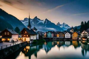 photo wallpaper mountains, the city, lake, house, house, house, house, house,. AI-Generated