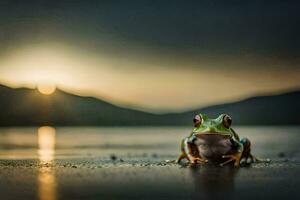 un rana sentado en el suelo a puesta de sol. generado por ai foto
