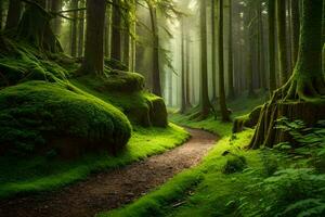 a path through a green forest with mossy trees. AI-Generated photo