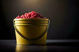 a bucket filled with red berries on a dark background. AI-Generated photo