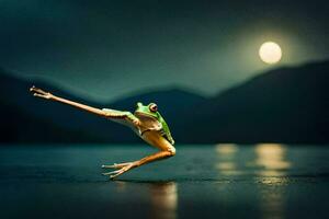 a frog jumping in the air with the moon in the background. AI-Generated photo