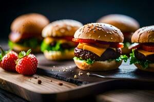 small hamburgers with cheese and tomatoes on a wooden cutting board. AI-Generated photo