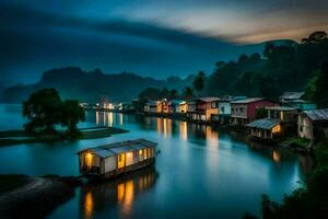 houses on the water at night in vietnam. AI-Generated photo