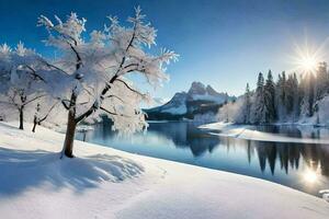 snow covered trees and a lake in the winter. AI-Generated photo