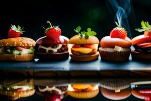 a row of mini sandwiches with strawberries and cheese. AI-Generated photo