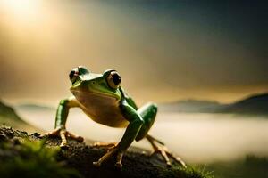 a frog is sitting on a rock in the fog. AI-Generated photo