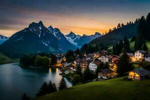 a village sits on the edge of a lake at sunset. AI-Generated photo