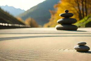 a stack of stones on the sand in front of a mountain. AI-Generated photo
