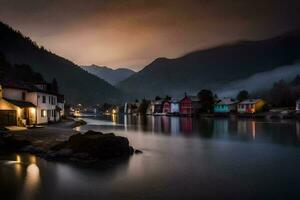 foto fondo de pantalla el cielo, montañas, niebla, el agua, casas, el lago, el montañas. generado por ai