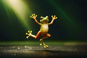 a frog jumping in the air with its legs spread. AI-Generated photo