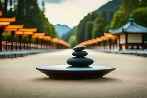 un Roca apilar se sienta en el suelo en frente de un pagoda. generado por ai foto