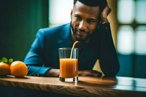 un hombre en un traje sentado a un mesa con un naranja jugo. generado por ai foto