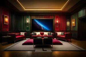 a room with red couches and a large screen. AI-Generated photo