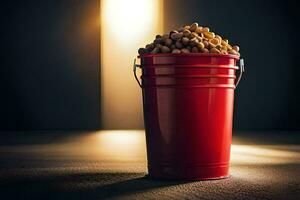 a red bucket filled with peanuts on a table. AI-Generated photo