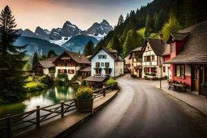 a road leading to a small town in the mountains. AI-Generated photo