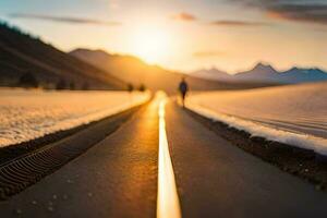 a man walking on the road in the middle of a snowy field. AI-Generated photo