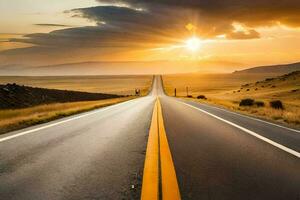 un largo vacío la carretera con el Dom ajuste detrás él. generado por ai foto