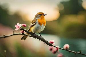 un pájaro se sienta en un rama con rosado flores generado por ai foto