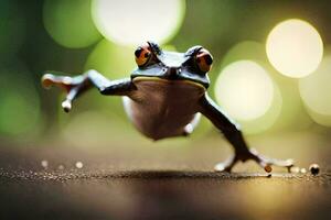 a frog is jumping on the ground. AI-Generated photo