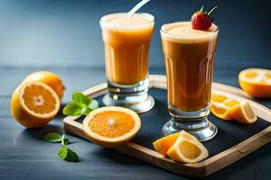 two glasses of orange juice with strawberries and mint. AI-Generated photo