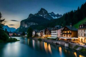 el pueblo de suizo Alpes a oscuridad. generado por ai foto