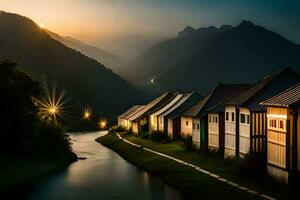 photo wallpaper the sky, mountains, river, houses, the sun, the mountains, the river. AI-Generated