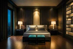 un dormitorio con un grande cama y dos lámparas generado por ai foto