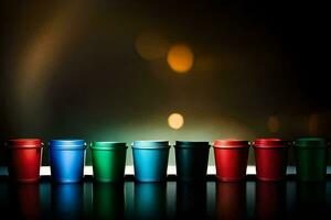 colorful cups lined up on a table with a light behind them. AI-Generated photo