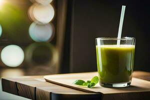 un vaso de verde jugo en un mesa. generado por ai foto