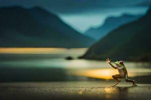 a person is standing on the beach with their arms outstretched. AI-Generated photo