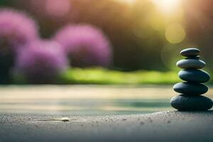 zen piedras apilado en el playa. generado por ai foto