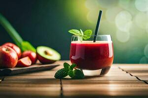 a glass of juice with an apple and mint leaves. AI-Generated photo