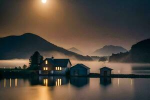 a house sits on the shore of a lake at night. AI-Generated photo