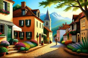 a painting of a street with houses and flowers. AI-Generated photo