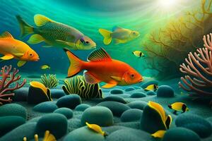 fish swimming in the ocean with coral reefs. AI-Generated photo