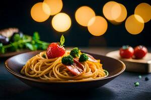 spaghetti with tomatoes and mushrooms on a wooden plate. AI-Generated photo