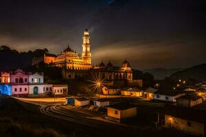 el mezquita a noche en el montañas. generado por ai foto