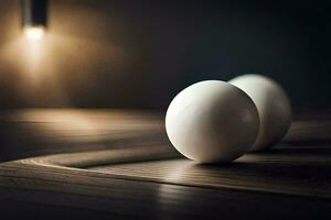 two white eggs on a wooden table. AI-Generated photo