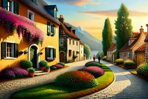 a painting of a street with flowers and houses. AI-Generated photo