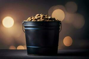 a bucket filled with nuts on a table. AI-Generated photo