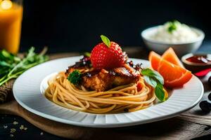 chicken with spaghetti and strawberries on a plate. AI-Generated photo