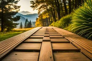 a wooden walkway in the middle of a field. AI-Generated photo