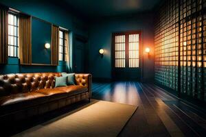 a dark room with a leather couch and a wall of windows. AI-Generated photo