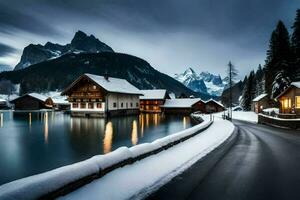 photo wallpaper the sky, snow, mountains, lake, house, house, the house, the. AI-Generated