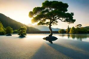 a tree stands alone in the middle of a lake. AI-Generated photo