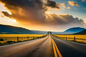 un largo la carretera con Dom rayos brillante mediante el nubes generado por ai foto