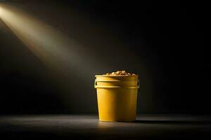 a yellow bucket with peanuts on a dark table. AI-Generated photo